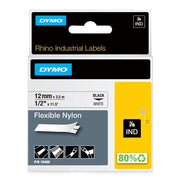 DYMO Rhino etichette industriali flessibili in nylon autoadesive / rotolo da 12 mm x 3,5 m / stampa nera su bianco