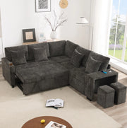 Divano letto angolare modulare 220 cm in ciniglia grigia con chaise longue reversibile e USB