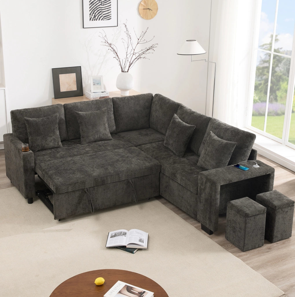 Divano letto angolare modulare 220 cm in ciniglia grigia con chaise longue reversibile e USB