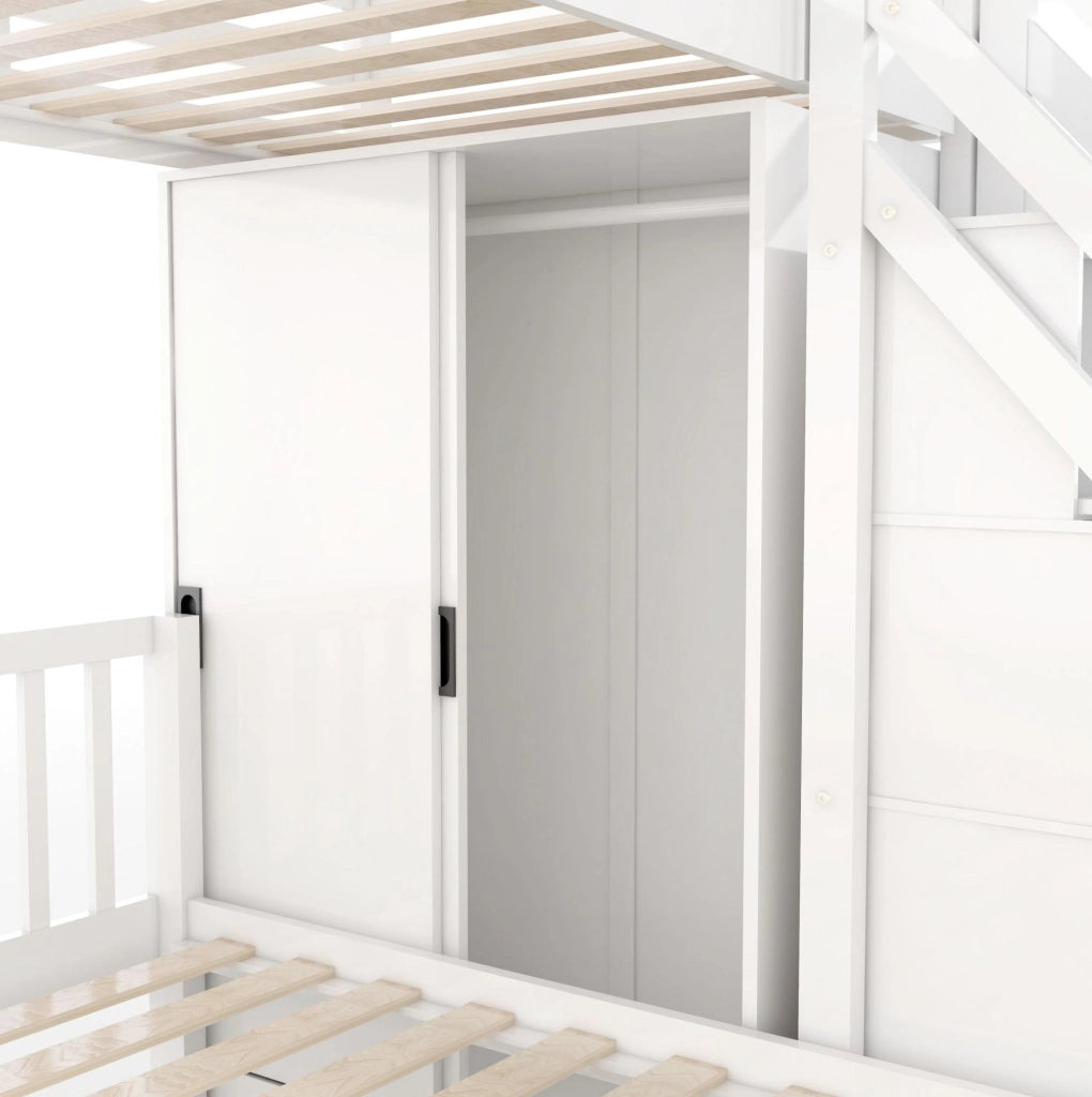 Letto a castello con armadio e scala contenitore; 90x200 cm + 140x200 cm; bianco