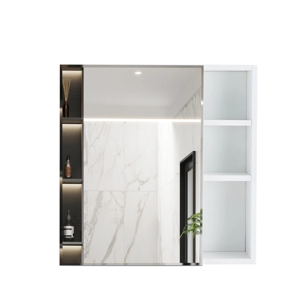 Armadio Specchiera da Parete 55×56 cm con Specchio di Sicurezza e Ripiani Interni, Bianco, per Bagno e Trucco