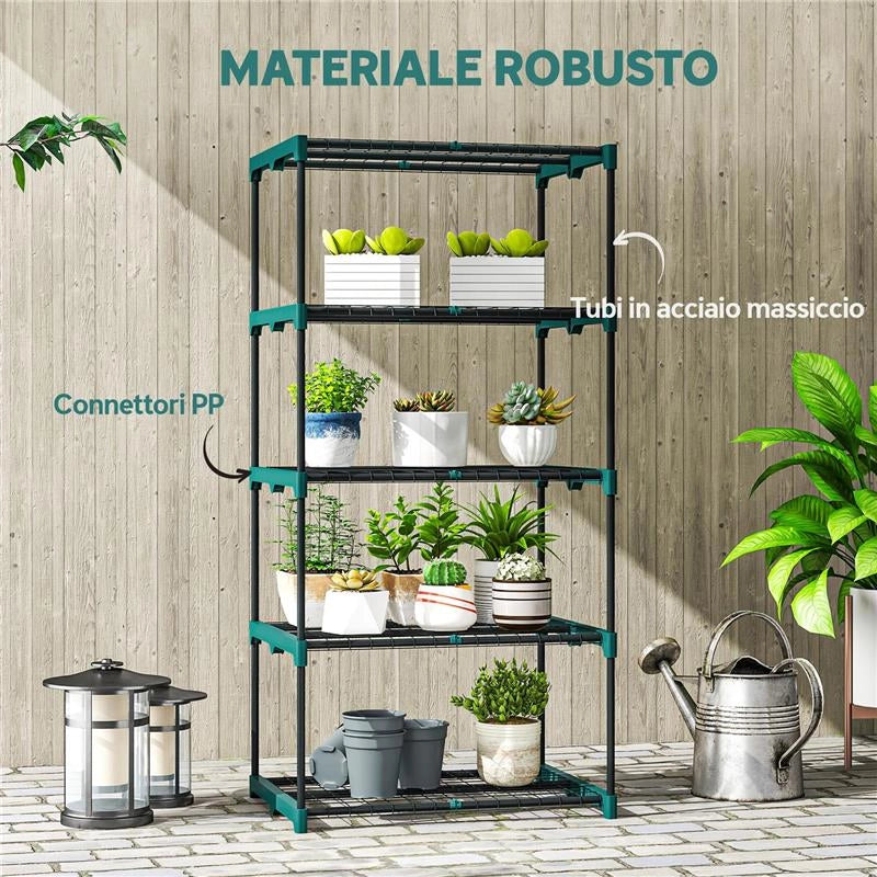 PORTAPIANTE A 5 LIVELLI APERTI IN ACCIAIO E PLASTICA, 67X49X138 CM, VERDE SCURO