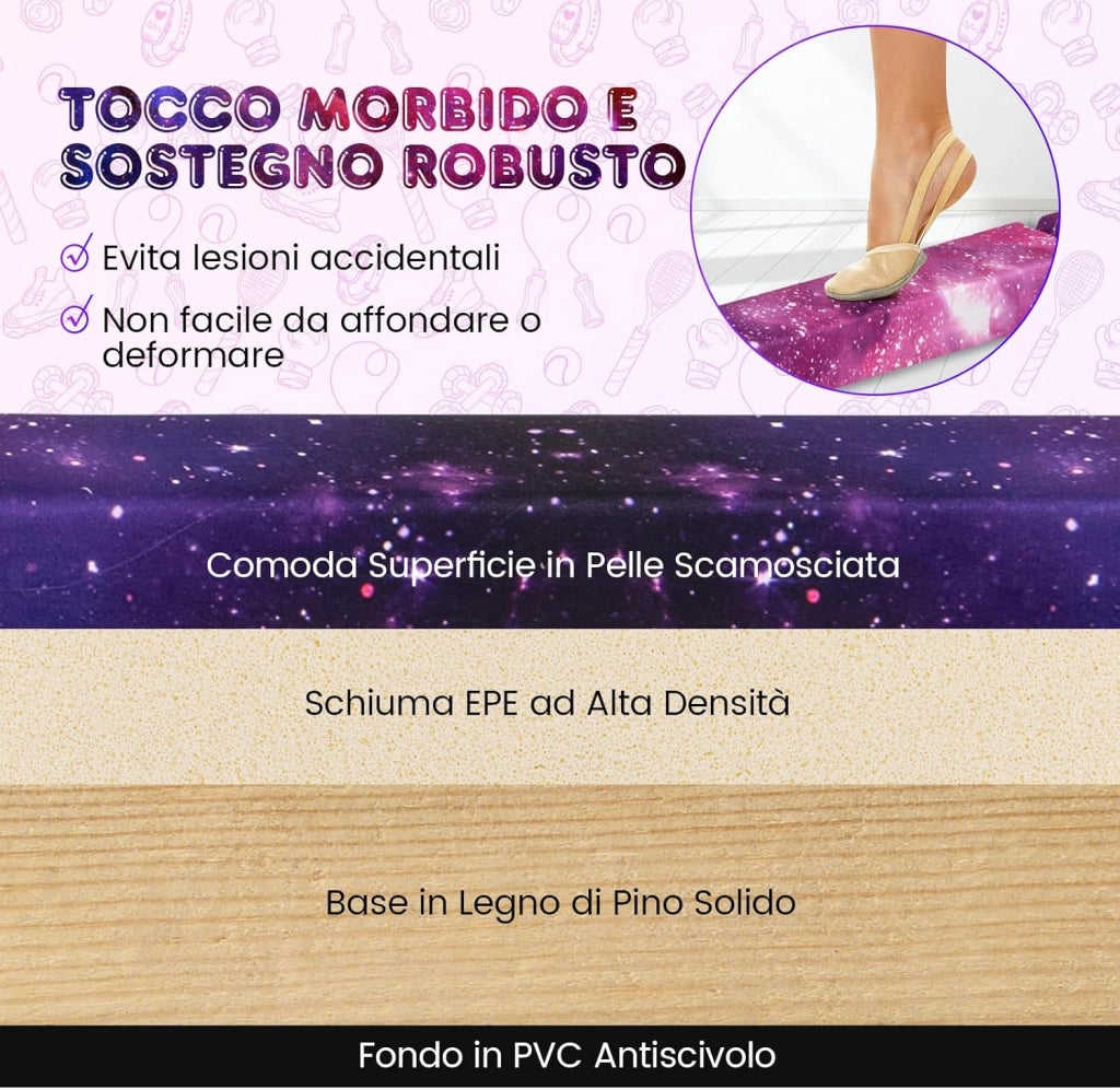 Trave Ginnastica Artistica per Casa 210/240 cm, Trave Pieghevole per Bambini con Maniglia, Base in Legno e Fondo Antiscivolo, Trave di Equilibrio da Pavimento