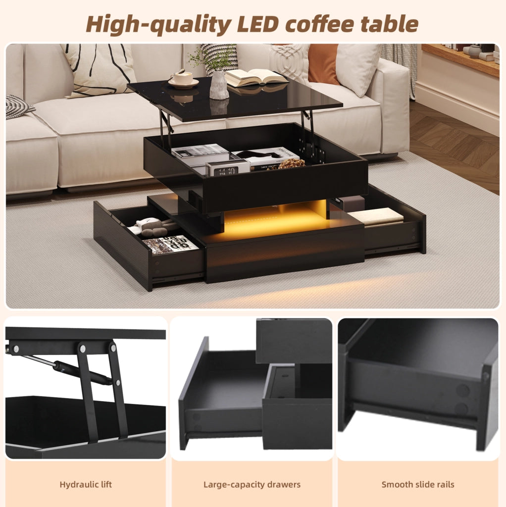Tavolino da salotto quadrato sollevabile 65 x 65 x 38;5 cm in truciolare nero con LED e 2 cassetti