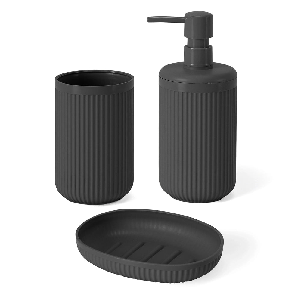 Set accessori bagno 3 pz con dispenser portaspazzolino e portasapone grigio cannettato Arizona