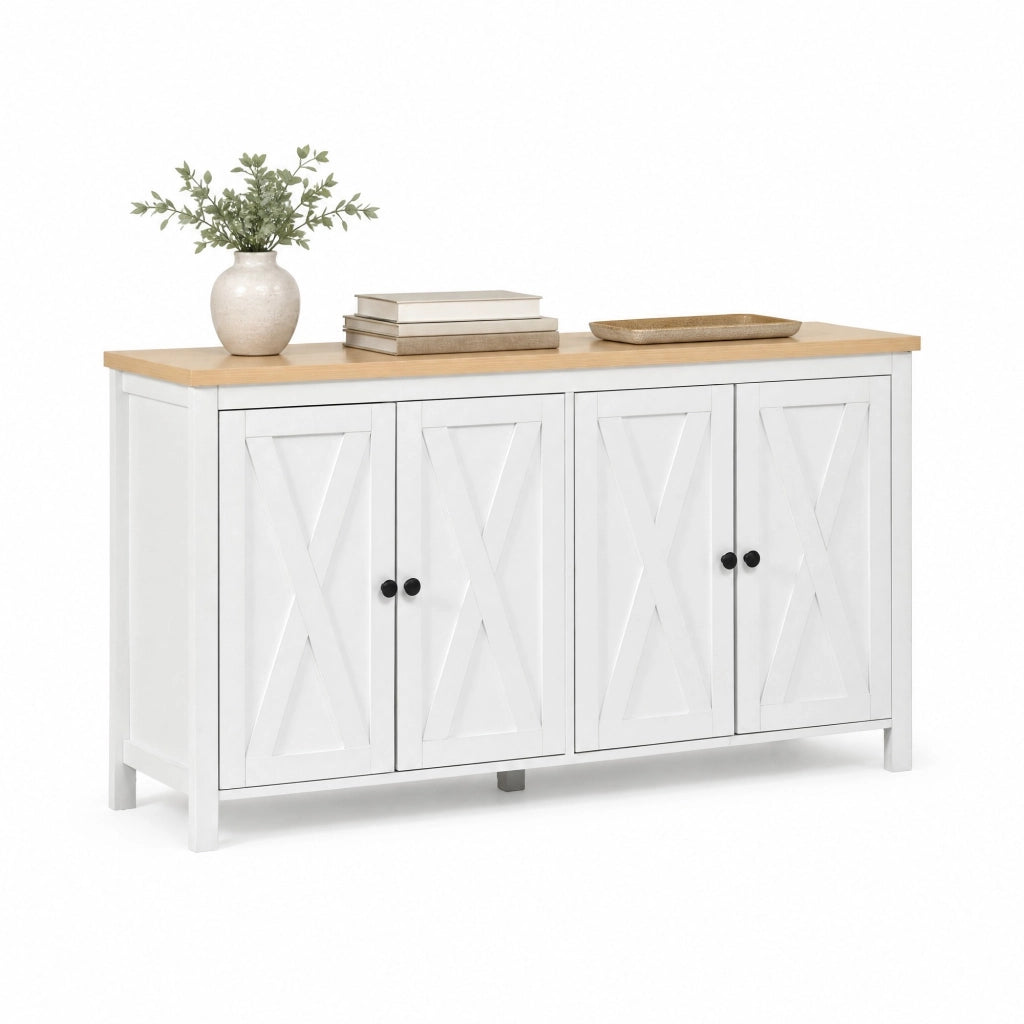 Credenza bianca 140x40x78 cm con 4 ante, 2 ripiani regolabili, struttura in MDF, portata 30 kg, stile moderno