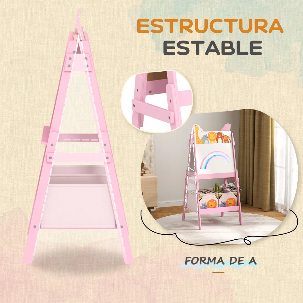 Lavagna Bifacciale Bambini con 2 Contenitori Tessuto ¨C Xylo ¨C Cavalletto Pittura Stampa Animali Rosa