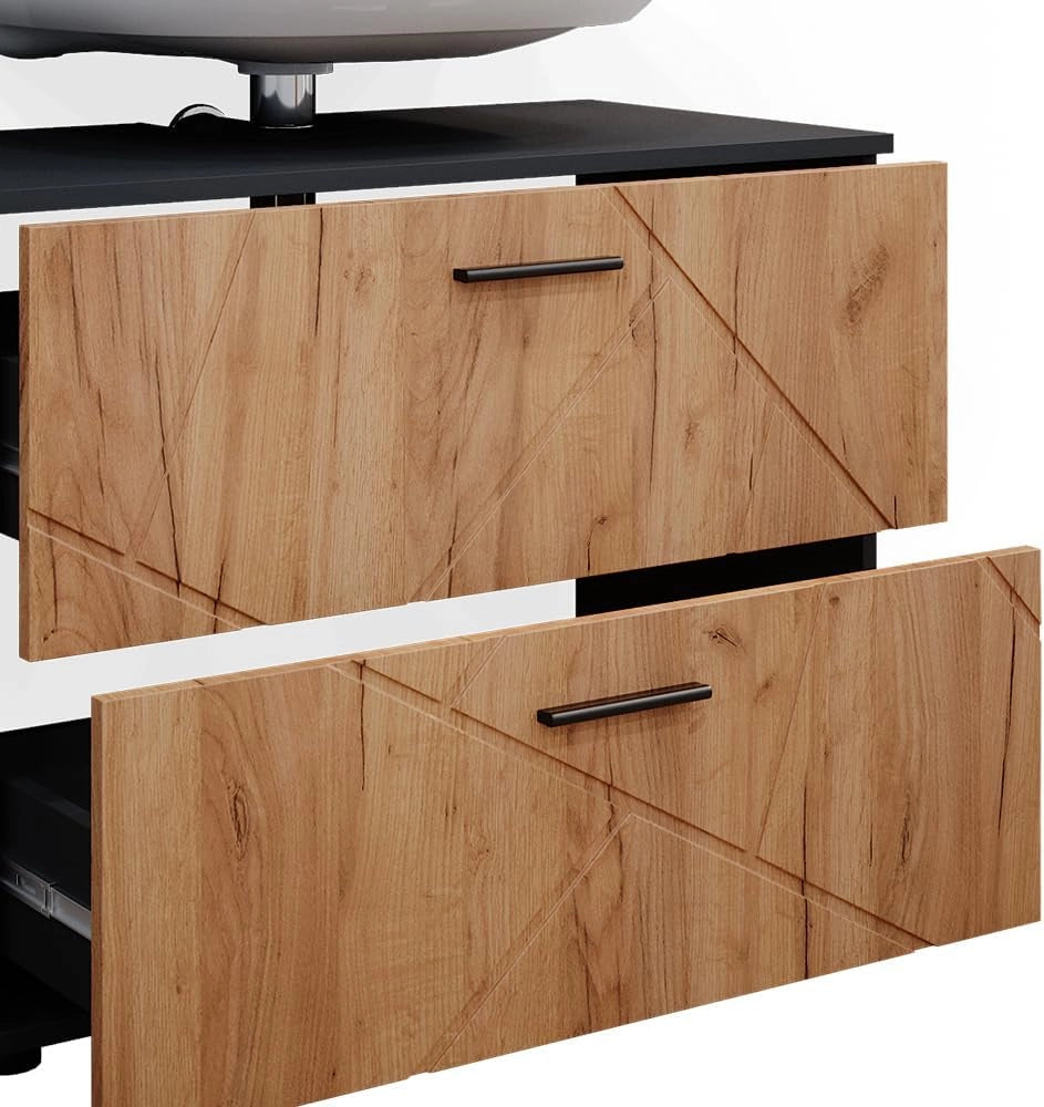 Mobile sottolavabo per bagno Irma, Quercia dorata/antracite, 80 x 58.6 cm, adatto per l'installazione sopra il sifone con aperture di aerazione