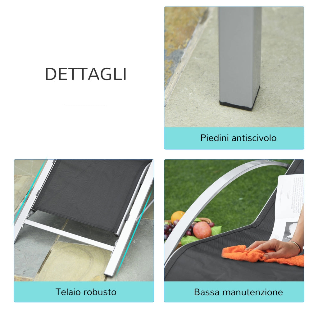 Easycomfort Set 2 Sdraio da Giardino e Tavolino con Vetro, Lettino Prendisole con Tessuto Traspirante 59 x 169 x 66cm, Nero Grigio