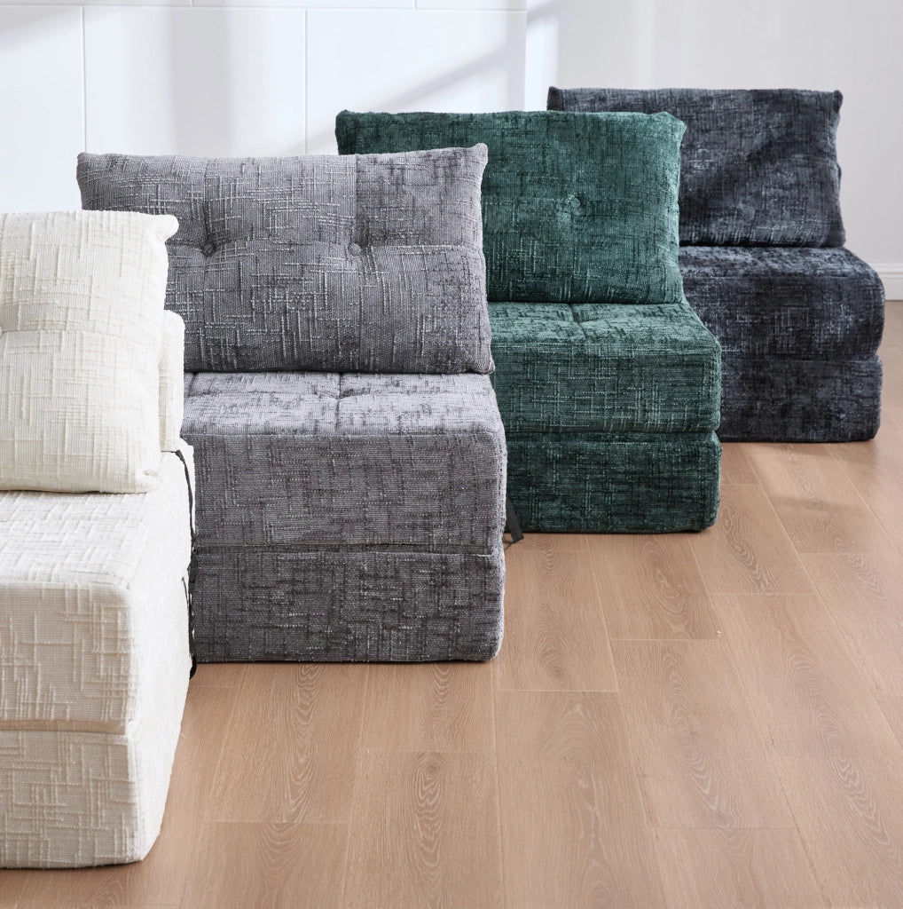 Sofà letto pieghevole in chenille verde smeraldo 79x79x57 cm; con cuscini