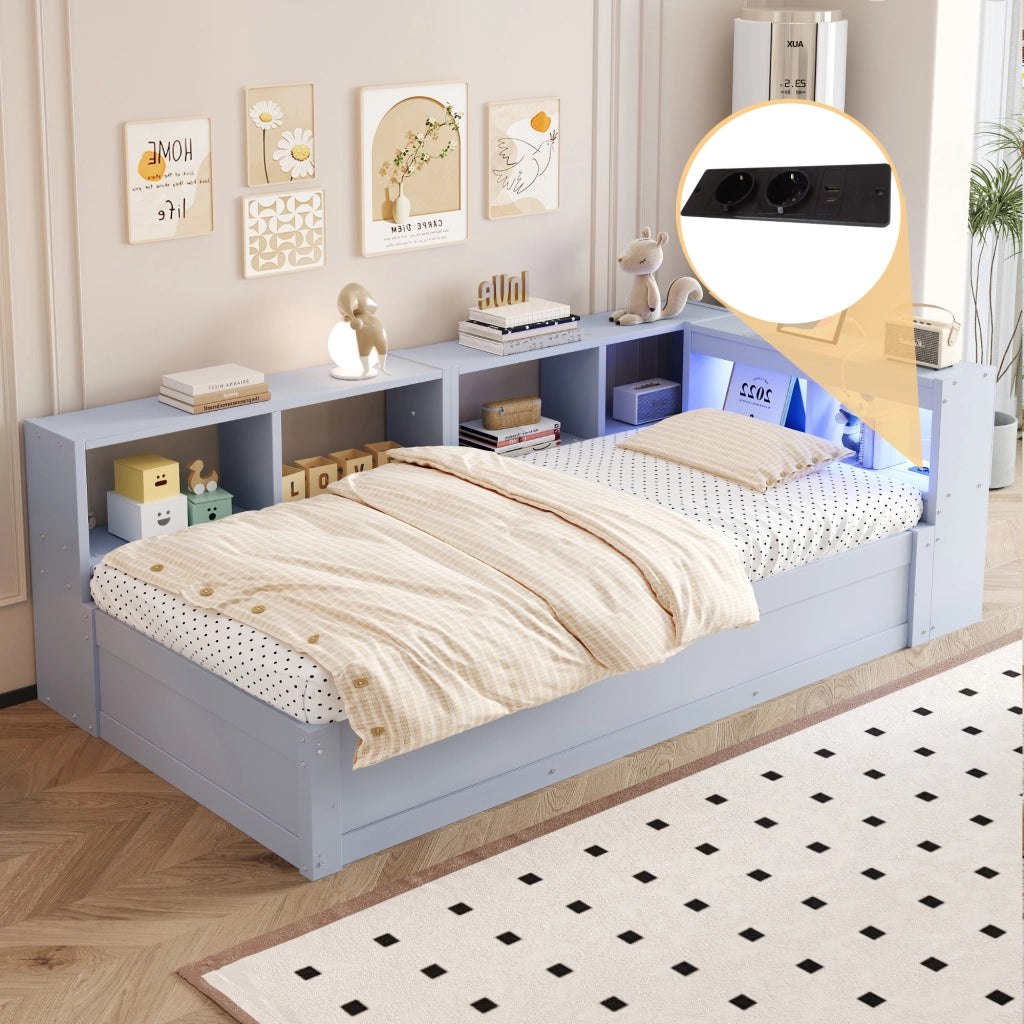 Letto multifunzione 90 x 200 cm in MDF grigio con LED, prese integrate e ampio spazio contenitore