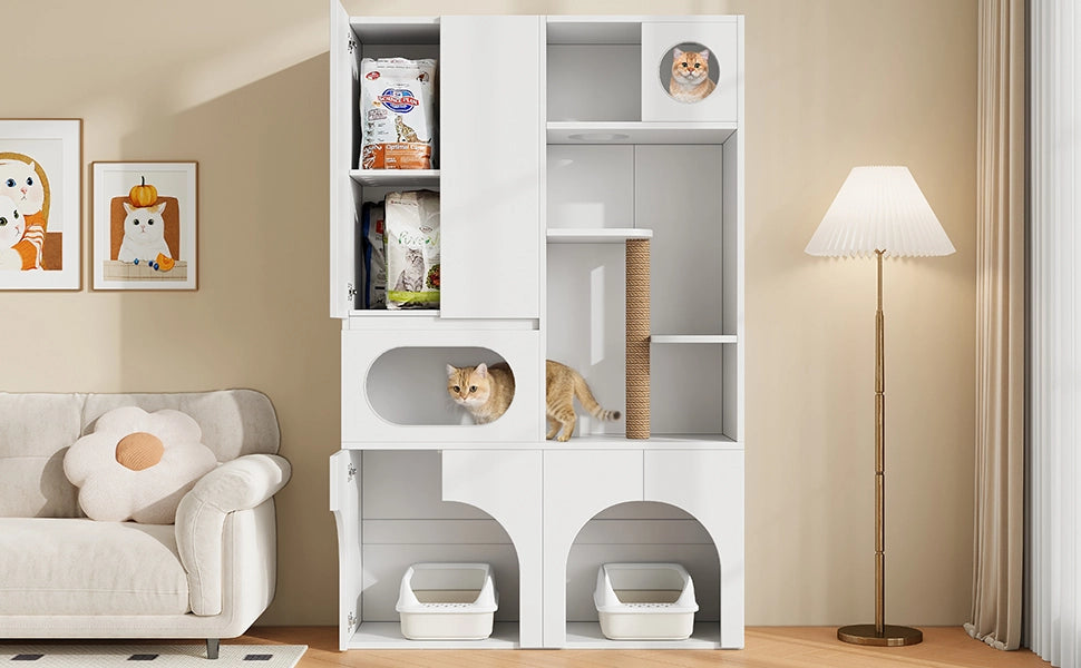Mobile coperto per lettiera per gatti con tiragraffi e ripiani, per gatti e cani, in MDF, bianco, 140 × 45 × 195 cm