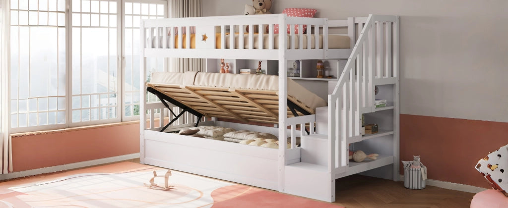 DESMIU Letto a castello 90 × 200 cm 1 posto con mensole, scala contenitore e letto idraulico, senza materasso, bianco