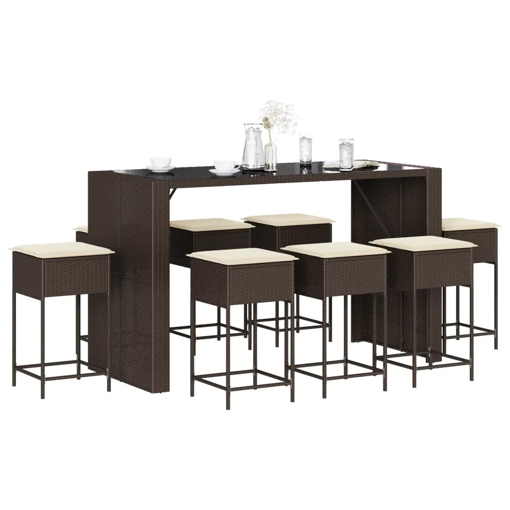 Set Bar da Giardino 9 pz con Cuscini in Polyrattan Marrone 3261512
