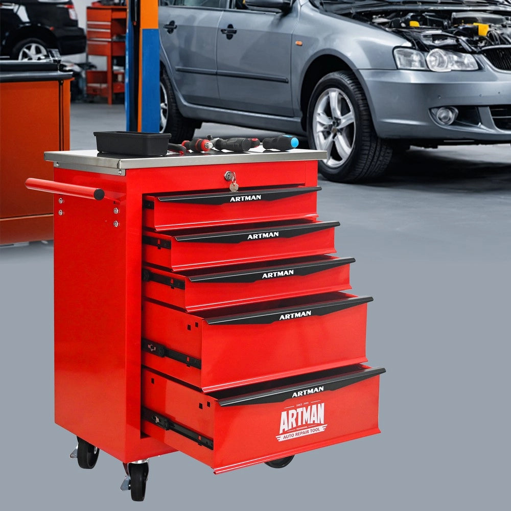Carrello Portautensili 5 Cassetti con Ruote ¨C MINIMAL ¨C Acciaio Inox, Rosso e Nero