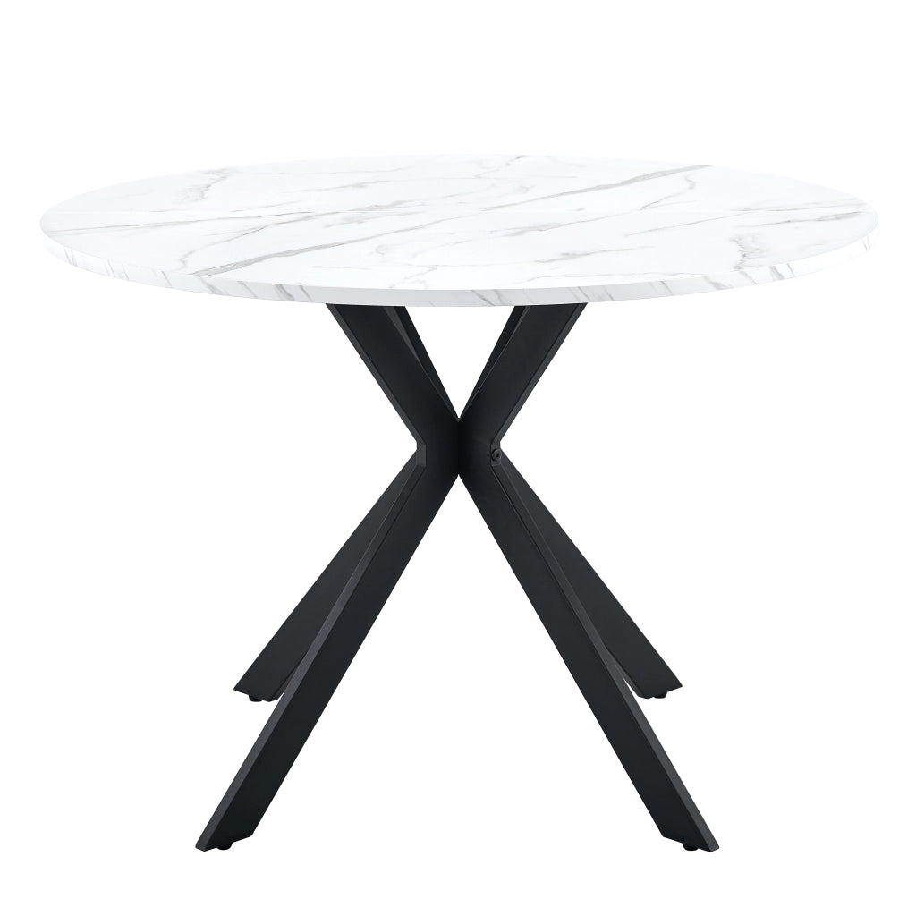 Tavolo da pranzo rotondo con piano effetto marmo bianco e base a X nera; MDF e metallo