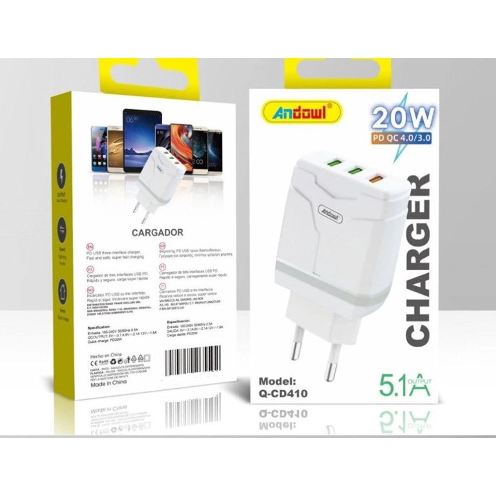 Trade Shop - Caricabatterie Caricatore Ricarica Rapida Con 3 Porte Usb 20w Pd Qc 4.0/3.0 5.1a Q-cd410 -