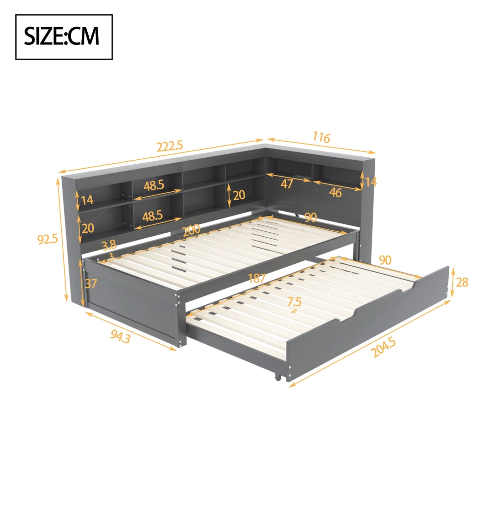 Letto singolo estraibile 90x200 cm con secondo letto 90x190 cm; USB e vani; grigio