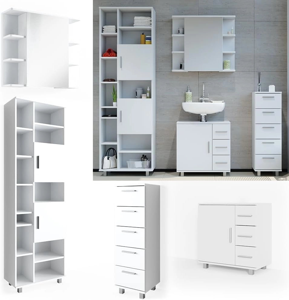 Set mobili bagno Ilias, Bianco, 60 cm, composto da mobile lavabo, pensile a specchio, colonna e base media