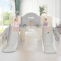8-in-1 Scivolo per Bambini, Gioco da Arrampicata Multifunzionale con 2 Scivoli, Scala da Arrampicata, Canestro da Basket, Gioco del Lazo, Binocolo, Armadietti, 200×165×95 cm,Grigio antico bianco