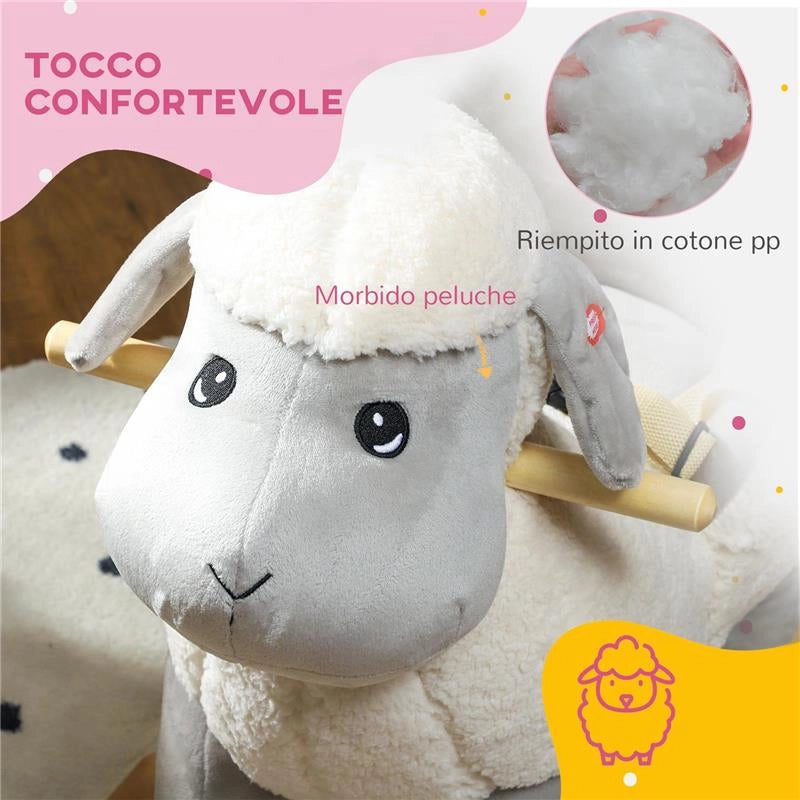 CAVALLO A DONDOLO PER BAMBINI 1-3 ANNI A FORMA DI PECORELLA CON SUONI E RIVESTIMENTO MORBIDO 68X35X55 CM GRIGIO