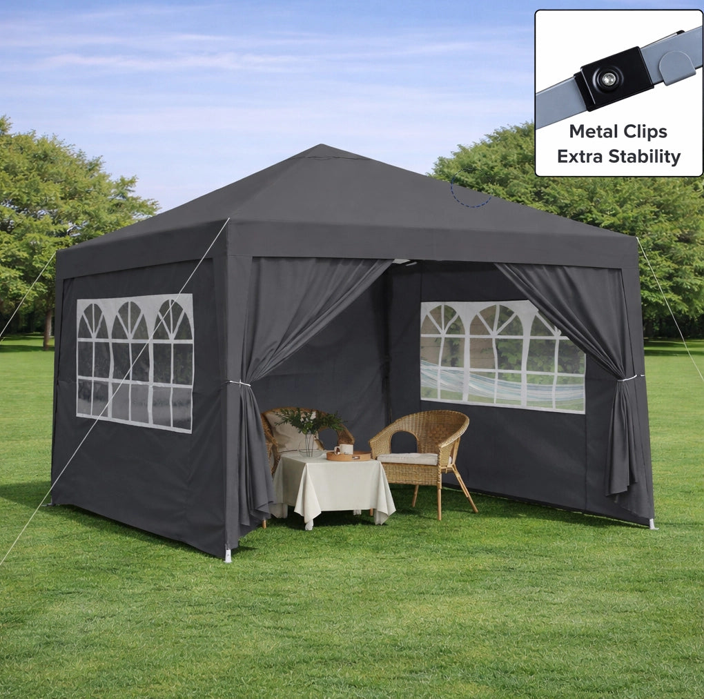 Gazebo pieghevole 3 x 3 m nero con pareti e sacchi di sabbia