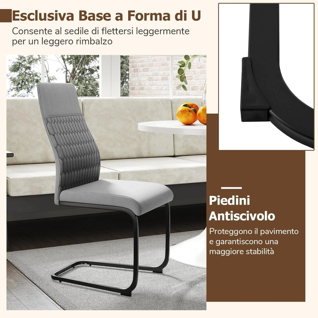 Set di Sedie da Pranzo da 4, Sedia Ergonomica da Cucina Senza Braccioli con Schienale Alto Inclinabile, Base in Metallo a Forma di U e Cuscinetti Antiscivolo, Portata 150 kg, per Interno