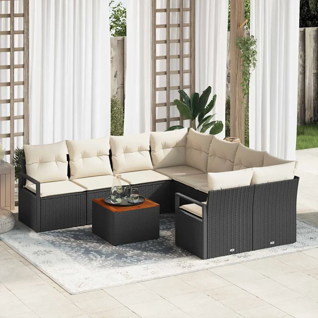 Set Divano da Giardino con cuscino 9 pcs Nero polyrattan