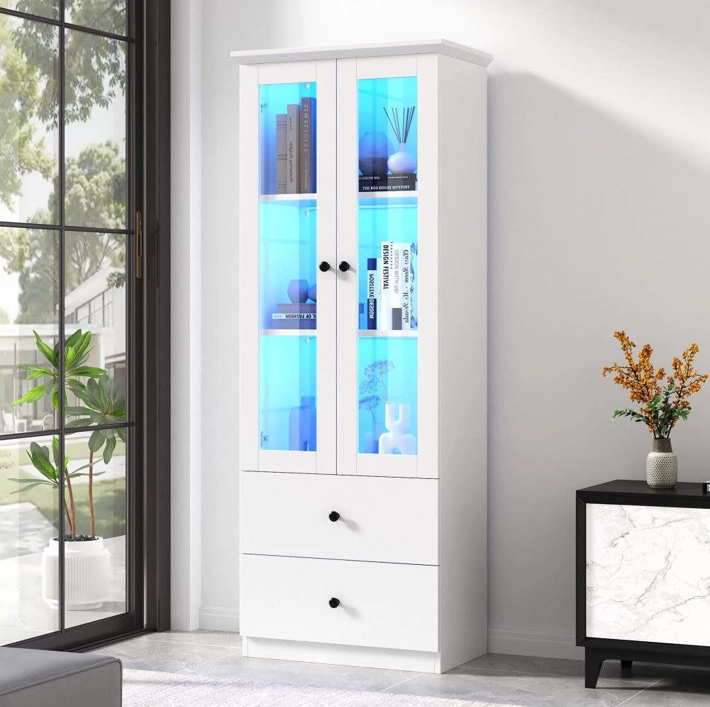 Vetrina LED bianca opaca 165 cm con Bluetooth; 2 cassetti; ripiani regolabili; vetro temperato