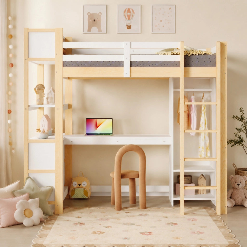 Letto a soppalco 90x200 cm con scrivania; scaffali e armadio in pino