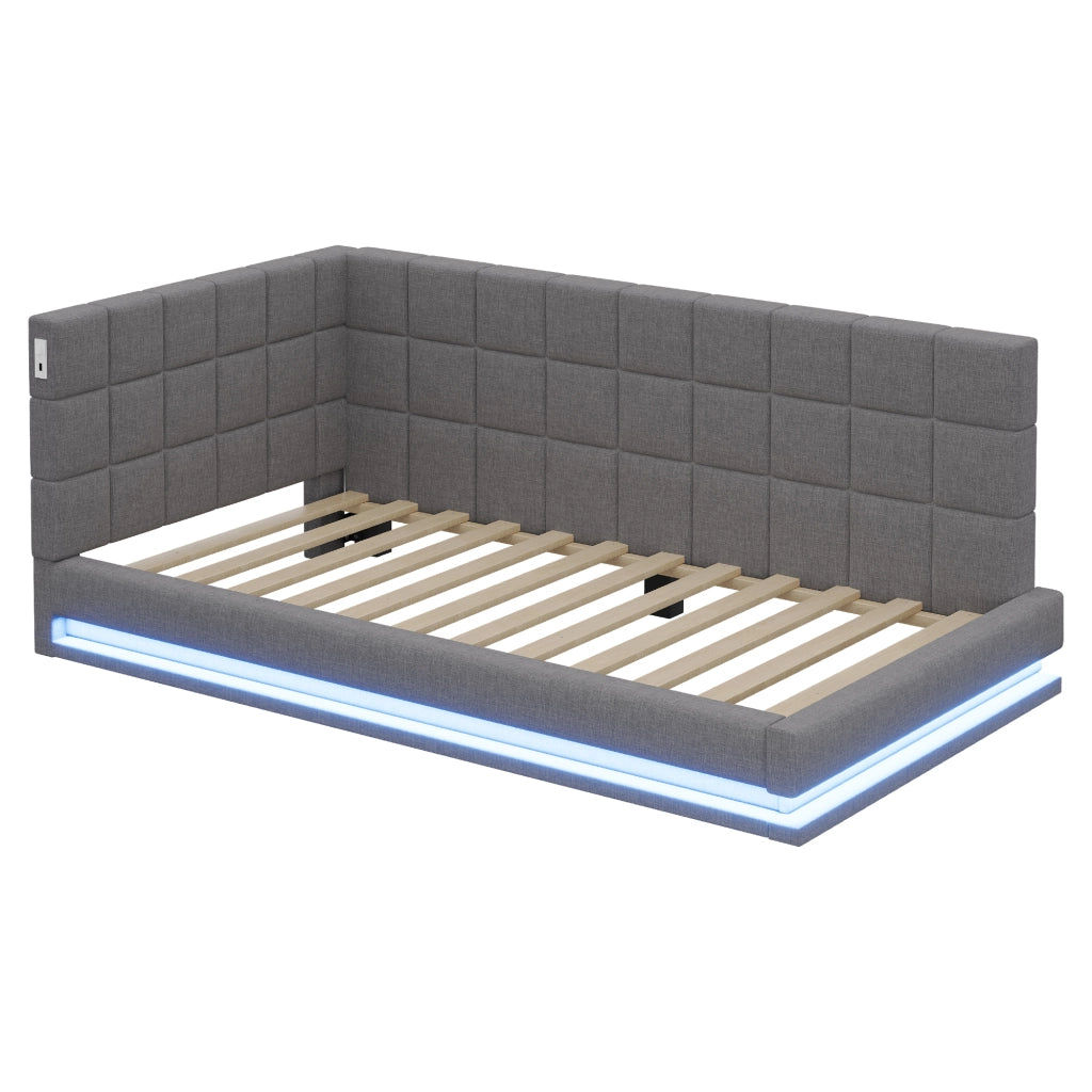 Letto imbottito singolo 90×200 cm con LED; USB e rete; senza materasso; lino; grigio