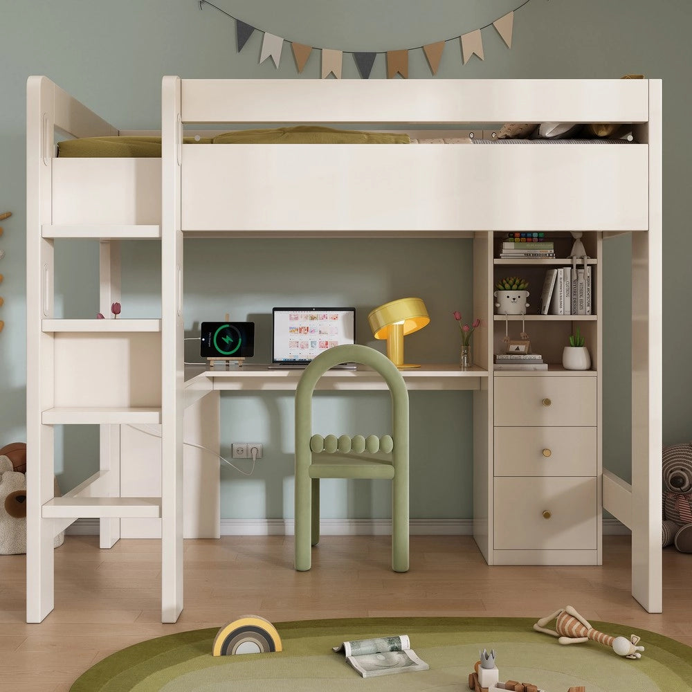 Letto a Soppalco con Scrivania ad L, Cassetti e Doghe in Legno ¨C MINIMAL ¨C Bianco 90x200