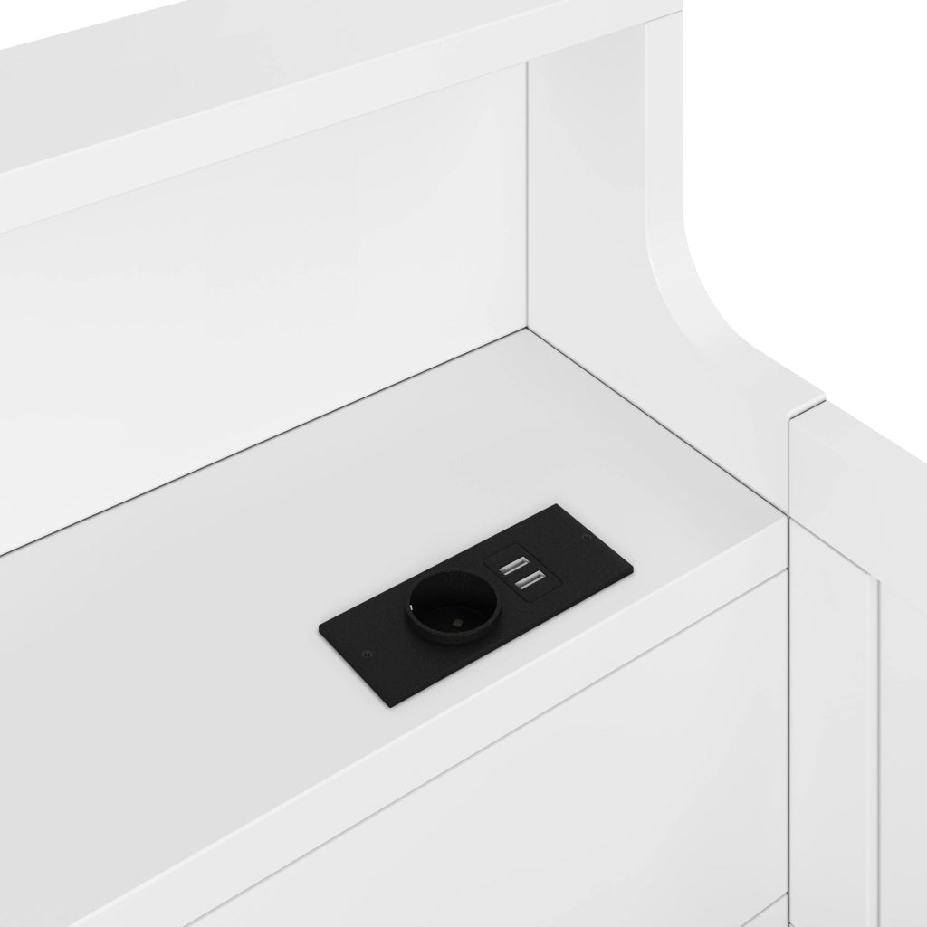 Letto a soppalco basso 90x200 cm con 3 cassetti; scrivania mobile; LED e ripiani; bianco