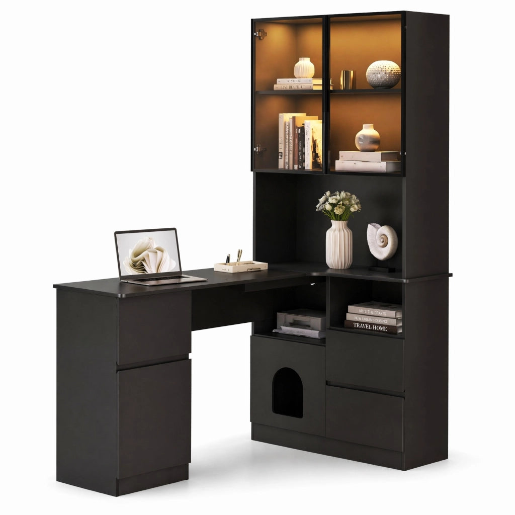 Scrivania angolare con vetrina LED, 3 cassetti, 2 ante e vani aperti, per studio, in MDF nero, 120 × 80 × 180 cm