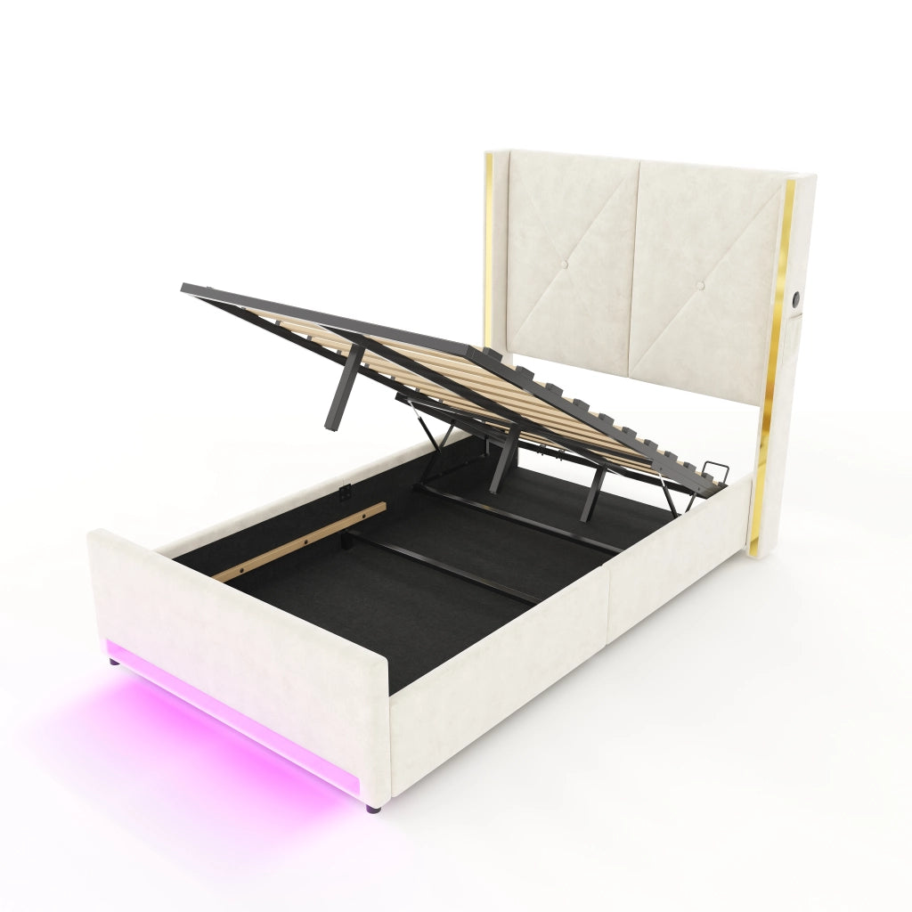 Letto imbottito in velluto beige 90x200 cm con testiera alta, tasche laterali, USB/Type-C, LED e contenitore