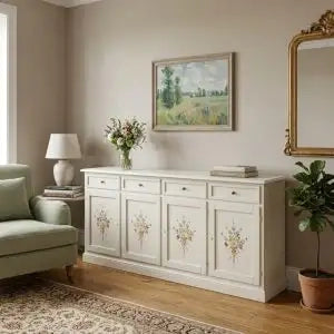 Credenza madia buffet in legno Shabby chic 4 ante mod Martini bianca decorata