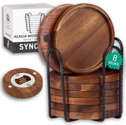 Set di 8 Sostegni in Legno - Design Rond Stilizzato in Legno di Acacia - Incluso Supporto Metallico e Apri-bottiglia Magnetico - Ideale per Calici, Bottiglie e Tazze