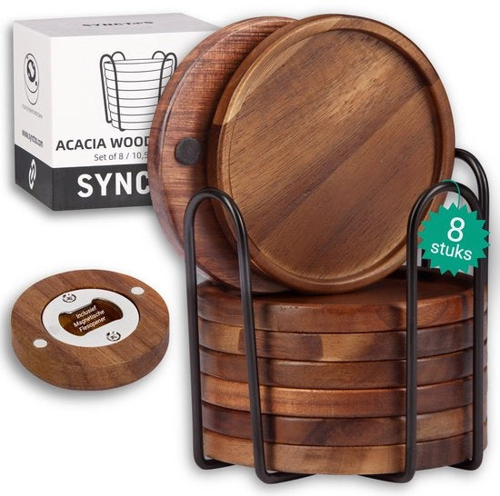 Set di 8 Sostegni in Legno - Design Rond Stilizzato in Legno di Acacia - Incluso Supporto Metallico e Apri-bottiglia Magnetico - Ideale per Calici, Bottiglie e Tazze
