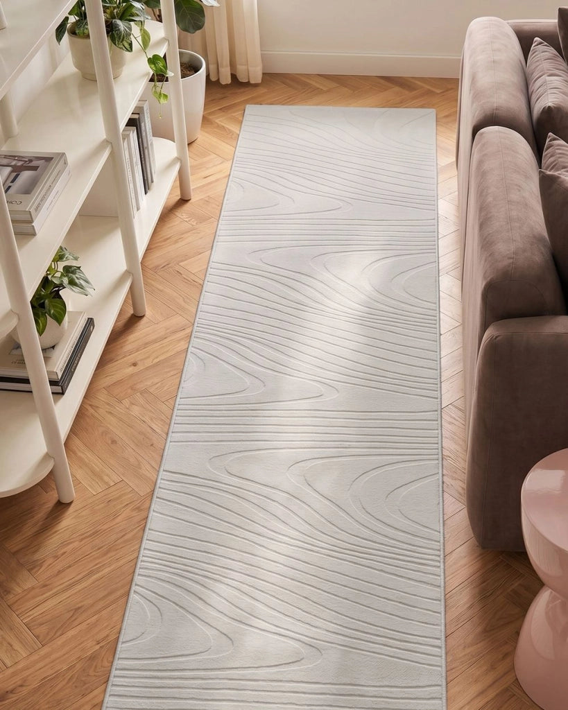 Tappeto da corridoio in pelliccia sintetica di coniglio bianco sporco in poliestere, 80 x 300 cm, morbido, a pelo lungo, motivo geometrico