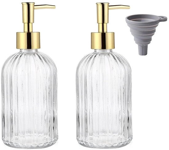 Set di Dispensazione di Sapone - 2 pezzi - Dispensatore in Vetro - Pompa in Oro - Ciotola in Silicone - 400 ml - Progetto Moderno - Flacone di Sapone