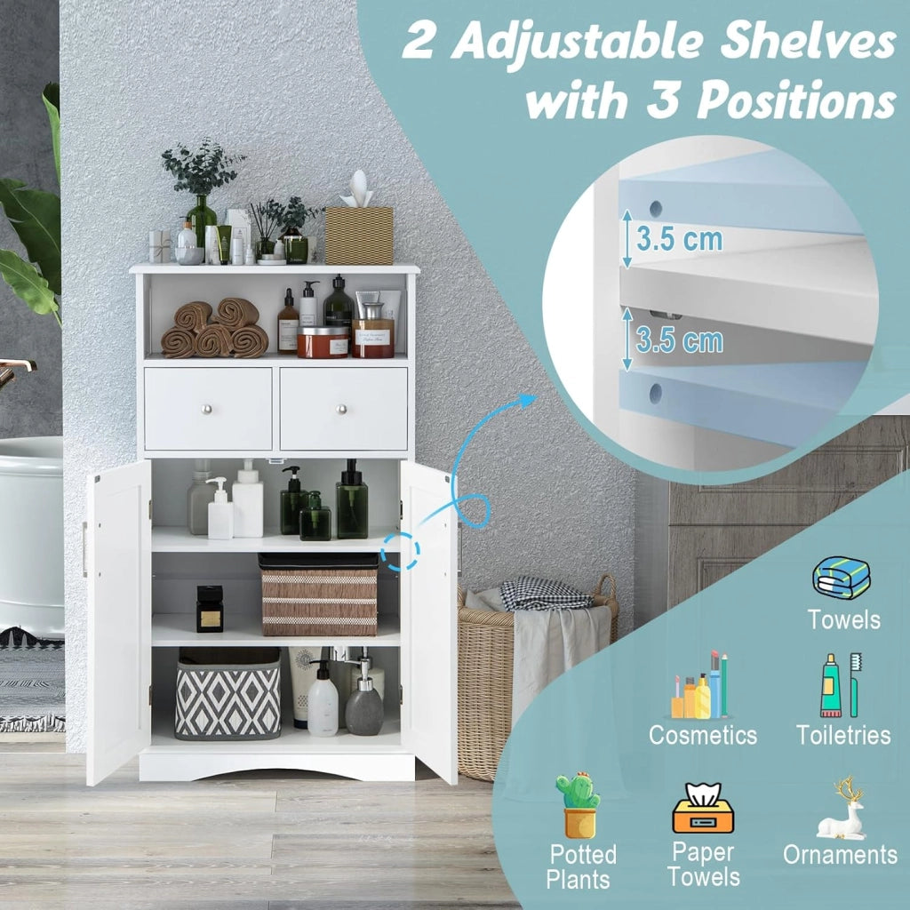 Armadietto da Bagno in MDF con Ripiani Regolabili, Mobiletto da Terra con 2 Ante e 2 Cassetti, Armadio Multifunzionale per Bagno, Soggiorno, Cucina, Bianco 60 x 30 x 108 cm (Bianco)