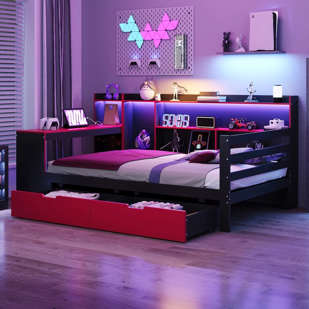 Letto multifunzionale con scrivania - Zephmum- 90x200 cm- Nero e rosso- Libreria, illuminazione integrata, prese