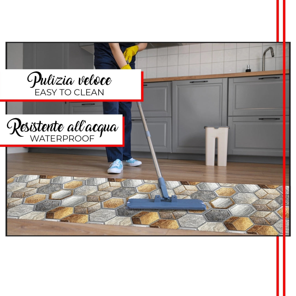 Tappeto Cucina Antimacchia 51x100 cm Stampa HD Alta Definizione Passatoia Mosaico Esagonale Pietre