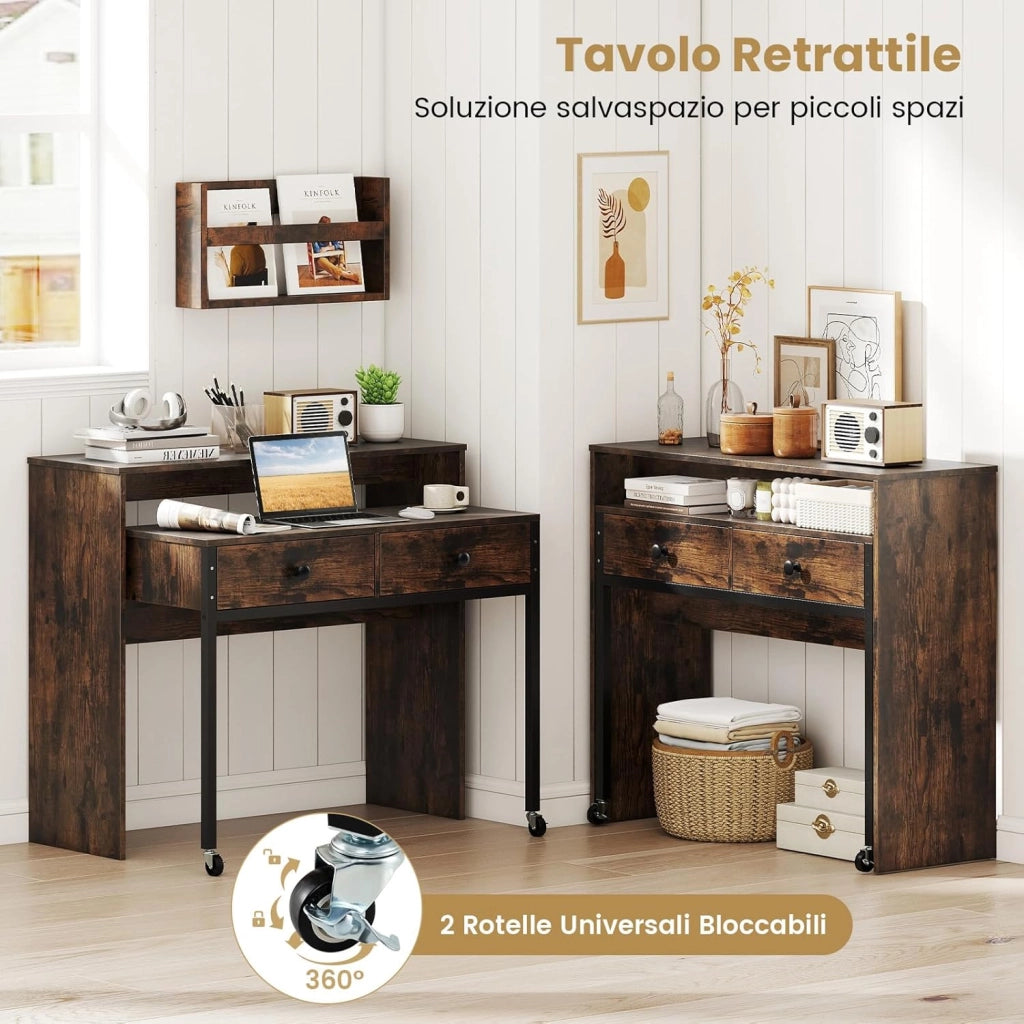 Scrivania per Computer, Tavolo Salvaspazio Retrattile con Cassetti e Ruote Universali Bloccabili, 100 x 63 x 88 cm, Desk Gaming per Ufficio, Soggiorno e Camera da Letto (Marrone)