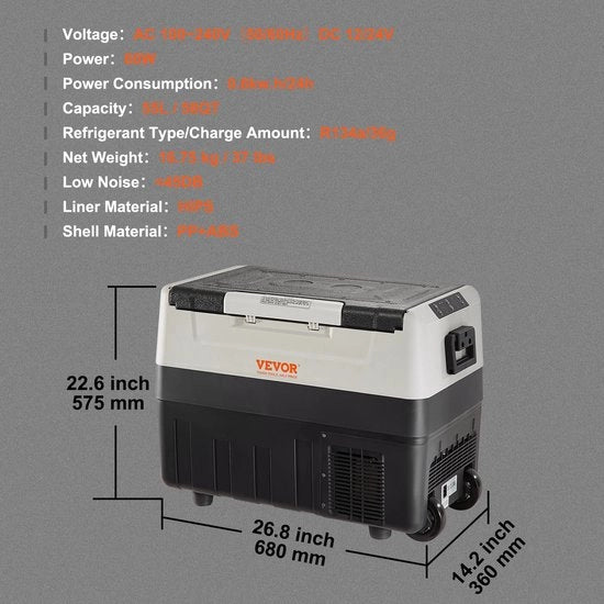 Coolbox auto 55L portatile con compressore - per camping, viaggi e avventure all'aperto - nero/grigio