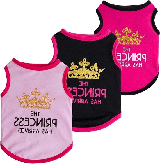 Set di 3 magliette per piccoli e medi animali domestici - Tema principesse - Disegni rosa e blu - X-Small