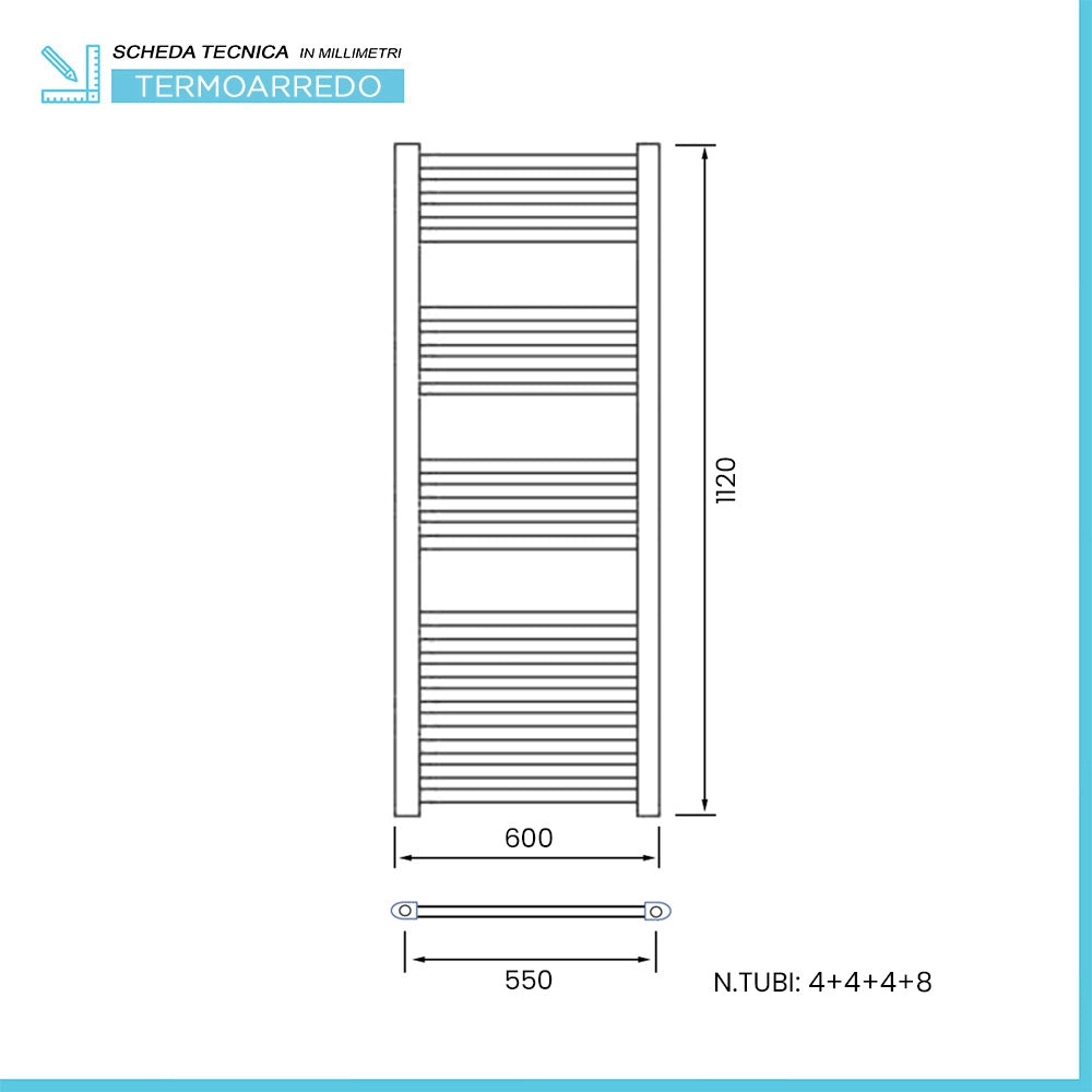 Termoarredo scaldasalviette 600x1120 cromo con interasse 55 cm