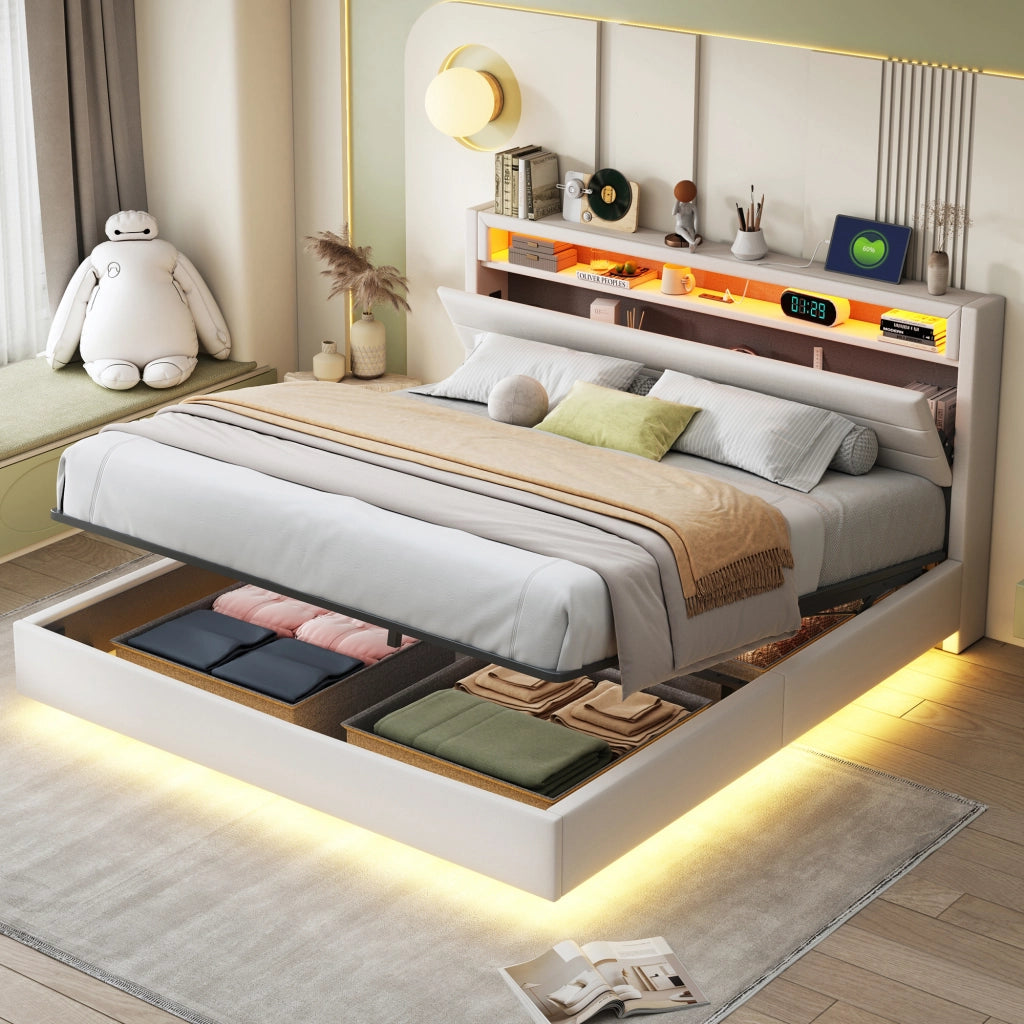 OKWISH Letto Contenitore 160×200 cm, Letto Matrimoniale con USB, LED Regolabile e Testiera Reversibile, senza Materasso, in Tessuto, Beige
