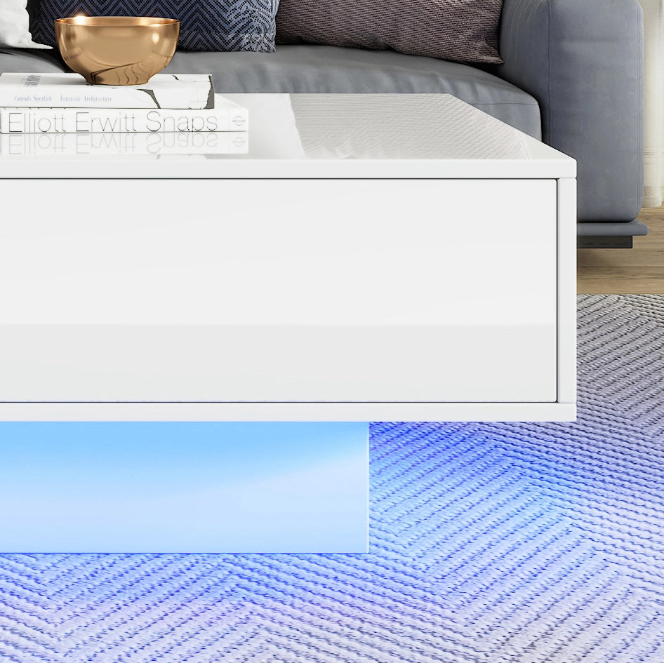 Tavolino da salotto bianco lucido con LED e 2 cassetti