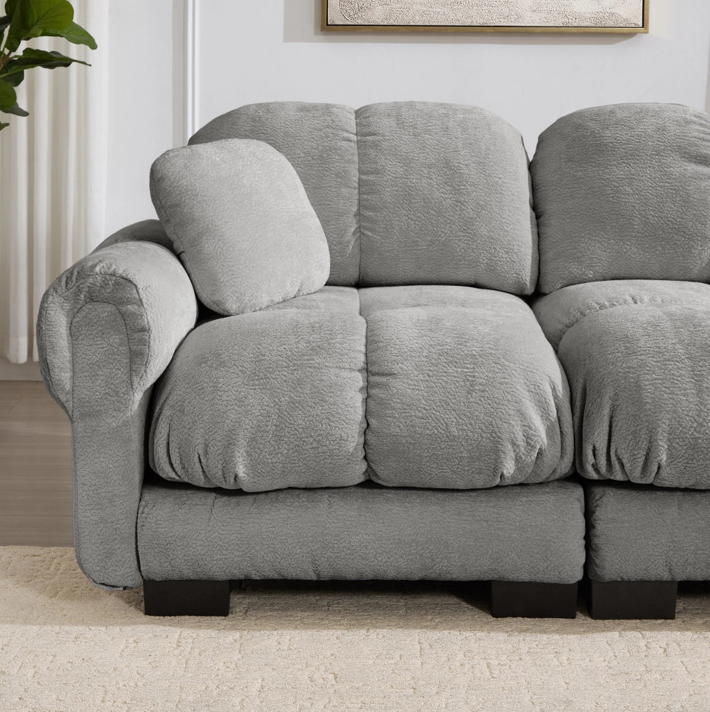 Divano modulare in chenille 260x86x90 cm con cuciture trapuntate; cuscini spessi; grigio chiaro
